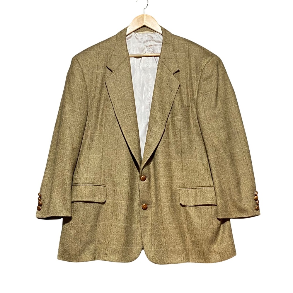 Tom James Mens Bespoke Blazer Jacket Brown Windowpane Herringbone USA 48R